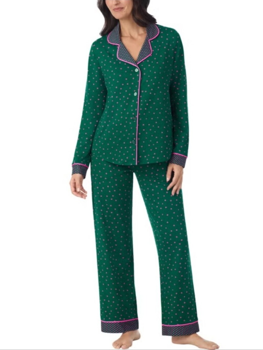 NEW! Room Service Green With Pink Stars 2 Piece Notch Collar Pajama Set Size M